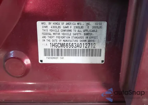 2003 Honda Accord 3.0 Ex из США, поврежденный, VIN 1HGCM66563A012712